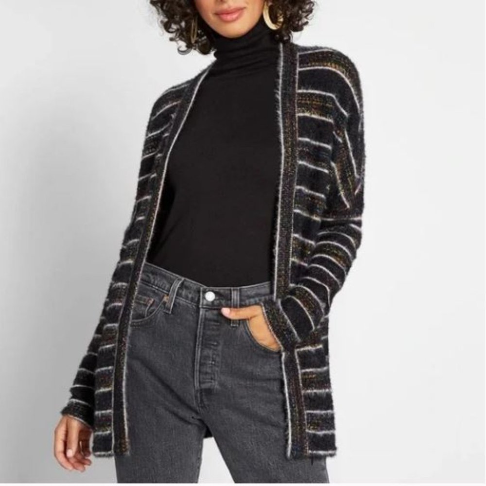 Modcloth Color and Character Fuzzy Cardigan Black and Rainbow Striped Large